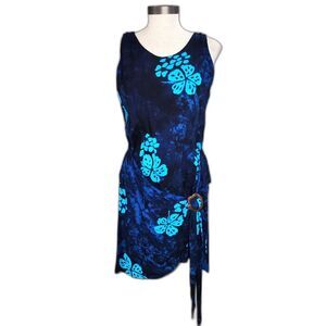 NWOT Young Fashion Blue Floral Wrap Sun / Beach Dress Sz M